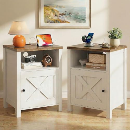 Marsail Farmhouse Nightstand Set of 2 Wood Bedside Table with Charging Station Night Stand with Shelf and Doors End Table with Storage Side Table for Bedroom White & Brown
