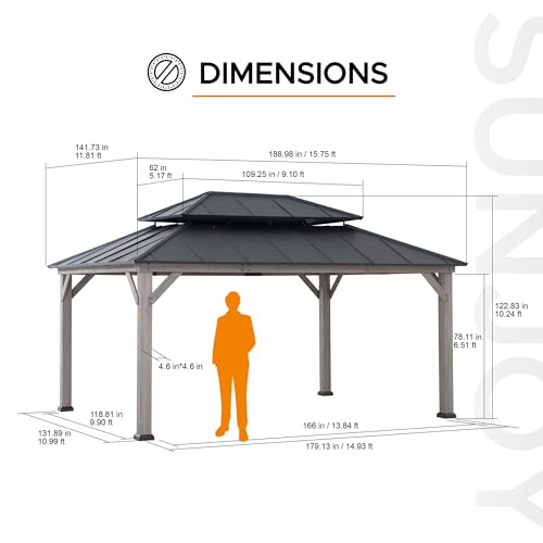 SUNJOY 12 x 16 ft. Wood Gazebo, Outdoor Patio Cedar Framed Steel Hardtop Gazebo with 2-Tier Metal Roof, Suitable for Patios, Lawn and Backyard, Matte Black Roof + Gray Wood Frame - Image 8