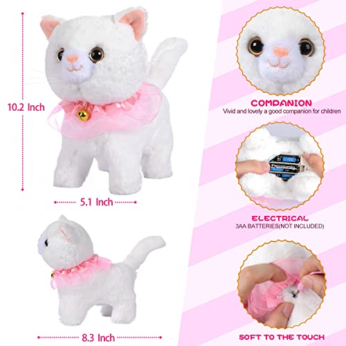 Volunna Remote Control Electronic Plush Cat Toy Pet for Girls Kids Interactive Toys, Walks, Barks, Pretend Dress Up Realistic Stuffed Animal for Age 3 4 5+ Years Old Best Gift (Cat-White)