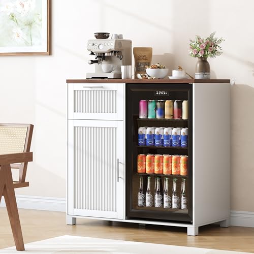 Image of 38.6 inch Long Fluted Mini Fridge Cabinet with Power Outlet & Drawer, White