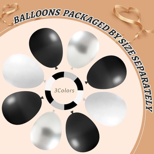 Image of 412Pcs Black and Silver White Balloon Arch Kit, 18 12 10 5 Inch Different Size Black and Silver White Balloons for Graduation Birthday Wedding Party Decorations