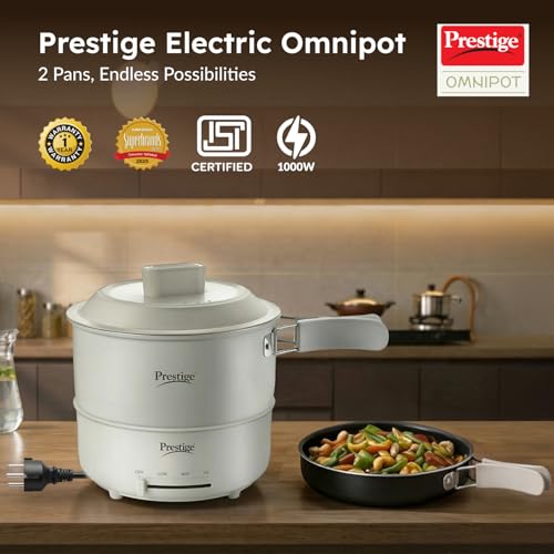 Image of Prestige Electric Omnipot | 1000W Electric Cooking Pan & Fry Pan with Lid | Steam Vent | Temperature Control Slider | Cool-Touch Foldable Handles | Detachable Power Cord | Compact Design | 1Y Warranty