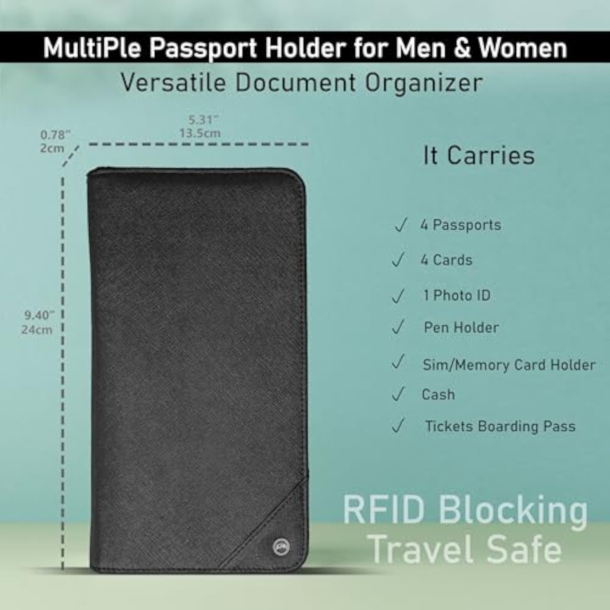 Family 4 Passport Holder RFID Blocking Travel Wallet, Black