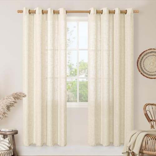 Image of LAMIT Semi Sheer Linen Curtains for Living Room, 80 Inch Length, Light Filtering Panels Bronze Grommet Faux Linen Textured Window Drapes for Bedroom /Porch, Beige, 52 x 80 Inch, 2 Panels