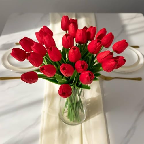Image of CosaCentrum Beautiful Decorative Artificial Tulip Flower Bunches for Home decor (Red, Pack of 7)