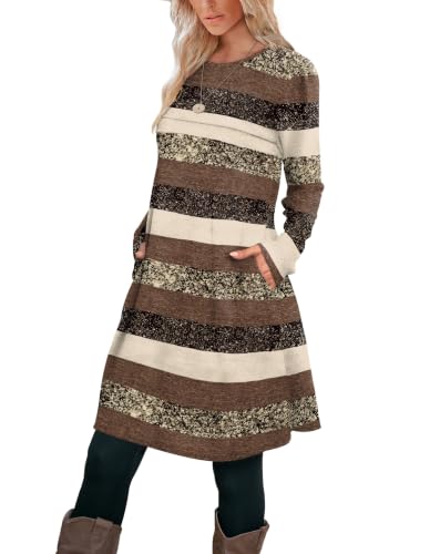 Image of OFEEFAN Womens Long Sleeve Tunic Dress Fall Fashion Sweater Dress with Pockets Pleated Front Casual Winter