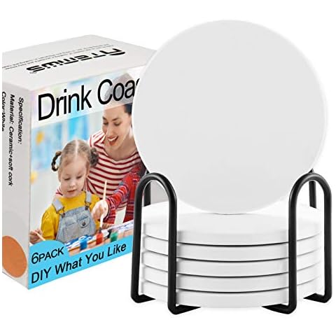 Atemws Coasters for Drinks Absorbent with Holder,Set Of 6 White Marble Coaster 4" Modern Circle Drinks Coasters Ready-To-Paint Ceramics Coaster Non-Slip Cork Base Cover
