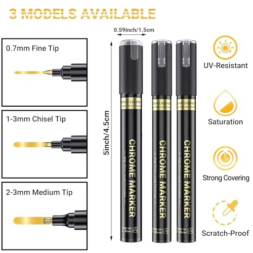 3Pcs Golden Flüssigkeit Spiegel Chrom Marker, Permanent reflektierende Flüssigkeit Chrom Paint Stifte Set, Hochglanz Kunst Auto DIY Modell Reparatur Marker Set für Kunststoff Metall Glas Keramik