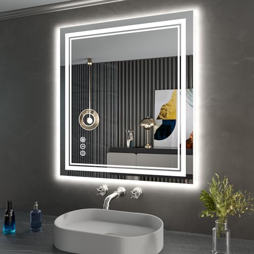 28 x 32 Inch LED Bathroom Mirror, Front Light and Backlit Anti-Fog Dimmable Memory Lighted Vanity Mirror, Shatterproof Wall-Mounted Led Mirror for Bathroom