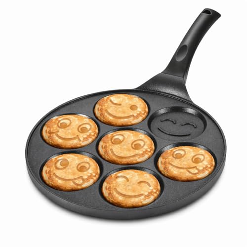 SKY-TOUCH Nonstick Pancake Pan Face Frying Pan with 7 Holes Mini Breakfast Maker for Pancake Blinis Omelettes Fried Eggs black - 26.5x26.5cm - with Cool Touch Handle