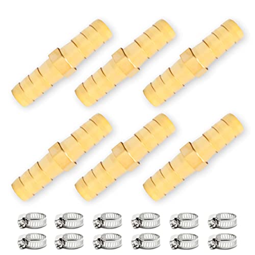Bwintech 6 pcs Hose Barb Fittings, 8mm 2 Way Straight Brass Barb Connector with 12 Clamps