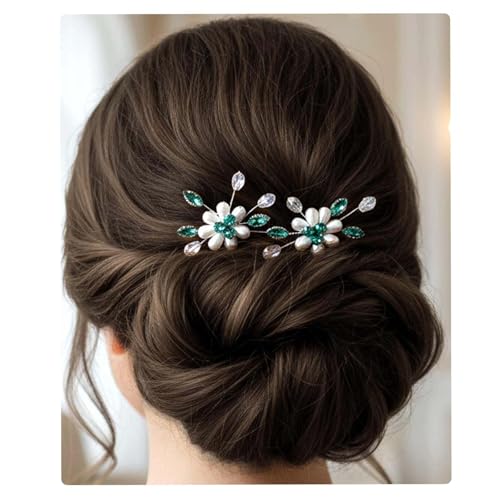 Flayem Perla verde Forcine per capelli da sposa di cristallo nuziale (2 pezzi)