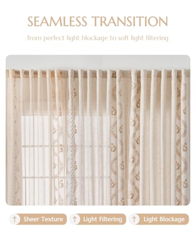 Image of jinchan Floral Linen Curtains, Back Tab 50x63 Inch, 2 Panels Beige