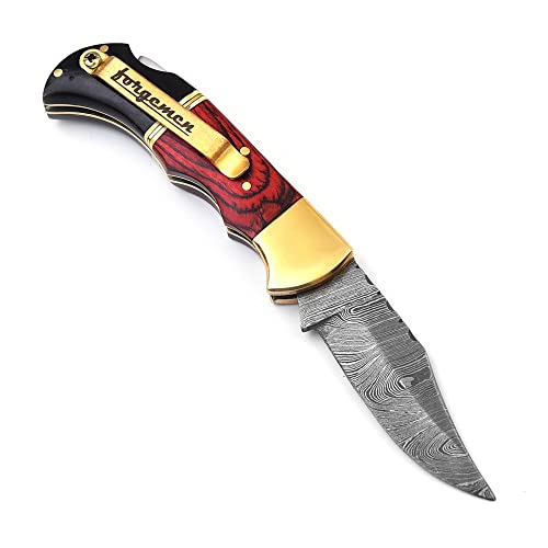 Limited Edition , Damascus Pocket knife , Damascus Pocket Knife with Clip , Pocket knife men , Pocket Knife , Custom knife , Damascus Pocket knife with sheath , Knife with sheath , Indoor & Outdoors Activities , Damascus Hunting knife , Folding Hunting Knives , Folding Pocket Knife (Red Wood)