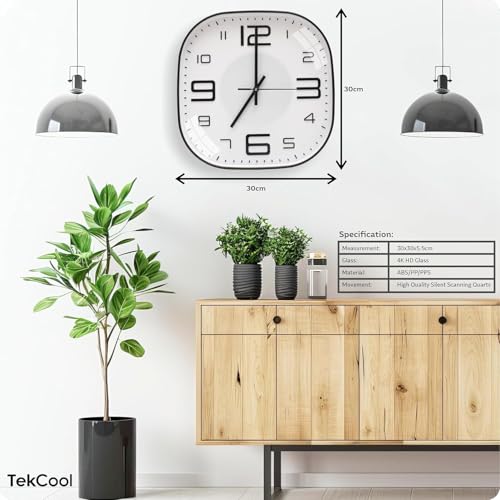 Image of TEKCOOL Plastic Analogue Wall Clock 12 inch Silent Quartz Decorative Wall Clock Non-Ticking Classic Clock Batery Operated Round Easy to Read for Room /Home /Kitchen /Bedroom /Office /Schol-White black:-