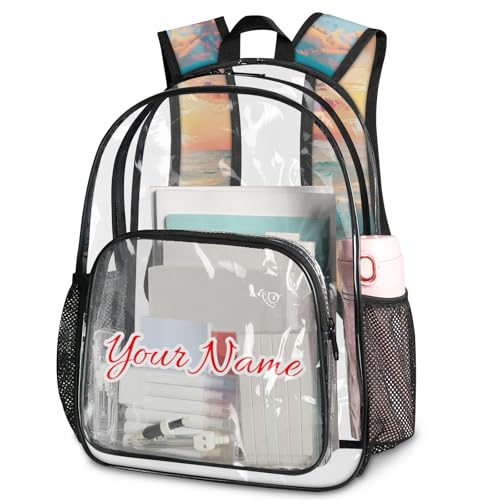 Personalized Small Clear Backpack Stadium Approved Heavy Duty PVC Plastic Custom Transparent Backpacks See Through Bag with Name, Ocean Beach Sunrise Sunset