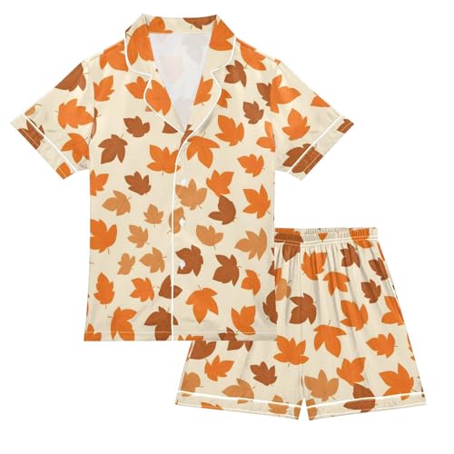 Thanksgiving Fall Maple Leaves Pajamas Set Soft Satin Pjs Sets 2 Piece Short Sleeve Sleepwear Casual Loungewear
