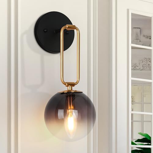 Image of KSANA Black Gold Wall Sconce, Modern Wall Mounted Lanterns Black and Electroplated Brass Sconce Lighting with Colored Globe Glass Shade for Living Room Mirror Hallway Kitchen