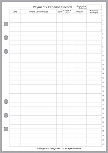 A5 Size Payment/Expense Record and Check Register Pages, Sized and Punched for 6-Ring A5 Notebooks by Filofax, LV (GM), Kikki K, TMI, and Others. Sheet Size 5.83" x 8.27" (148mm x 210mm)