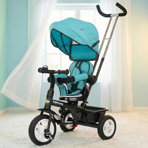 Image of Baybee Mario 3 in 1 Baby Tricycle for Kids with Parental Handle & 360 Rotatable Seat | Smart Balance Trikes with Canopy, Storage & Footrest | Baby Cycles for Kids 3 to 5 Years Boys Girls (Light Blue)