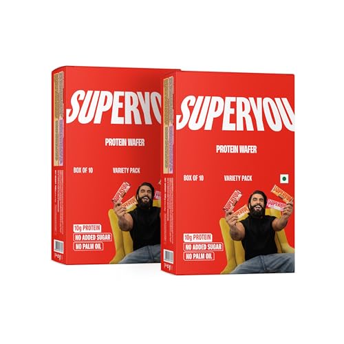 Image of SuperYou Assorted Protein Wafer Bars (Pack of 20)|10g Protein, 3g Fiber, No Added Sugar|Yeast Fermented Protein|Energy Bars|Crunchy Wafer Bar|100% Vegetarian|No Palm Oil|800g
