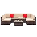 VINGLI 7 Piece Outdoor Patio Furniture Set Wicker, Outdoor Sectional Sofa Set, Patio Conversation Set with Cushion and Glass Table (Brown)