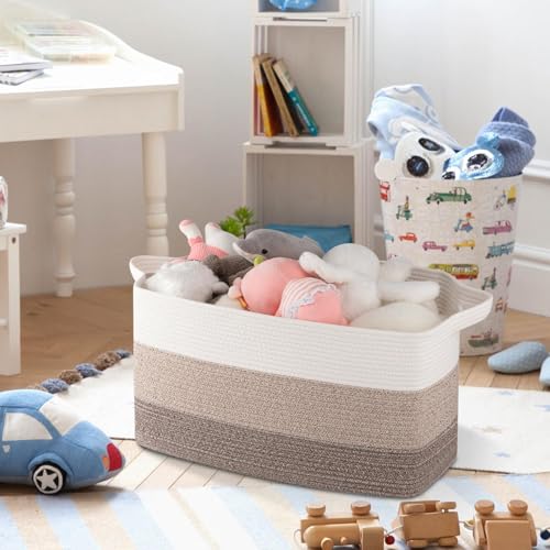 Image of OIAHOMY Rectangle Woven Storage Basket - Nursery Cotton Rope Baskets for Storage, Toy Basket Organizing for Living Room, 17.7 inchx13.8 inchx11 inch- Pack of 3 - Gradient Yellow