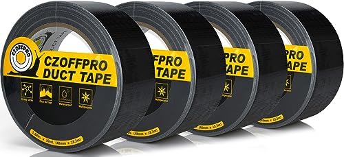 CZoffpro Duct Tape Heavy Duty, Ultra Strong Black Colorder Duct Tape Bulk with Waterproof Backing, Easy to Tear by Hand, 1.88 in x 20 Yard x 4 Rolls, Black