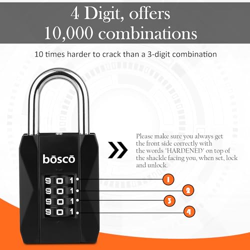 Image of BOSCO Heavy Duty Combination Padlock for Door, Gate, Gym Locker, Main Gate - Keyless Number Lock with Adjustable Shackle - Strong Security Lock for Indoor & Outdoor Use (Black, 1 Pack)