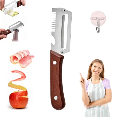 Julienne Peeler, Éplucheur Légumes Multifonction 5 en 1, Couteau Éplucheur Polyvalent en Acier Inoxydable avec Manche en Bois Ergonomique, Économe à...