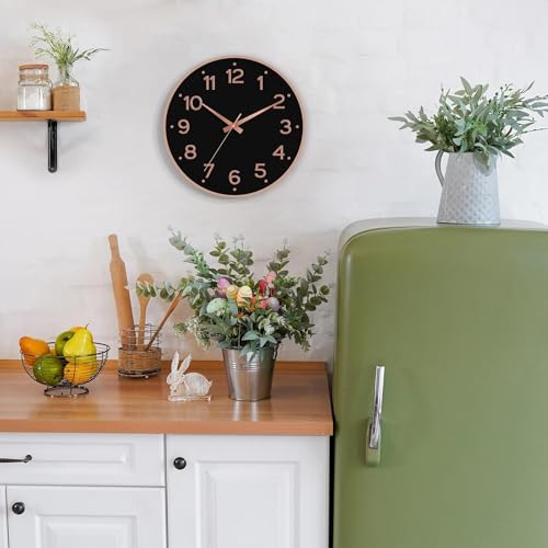 Image of Roymnie Wall Clock 12 Inch Silent Wall Clocks Battery Operated-Modern Non Ticking Analog Clock Decorative for Kitchen Bedroom Office (Black Rose Gold)