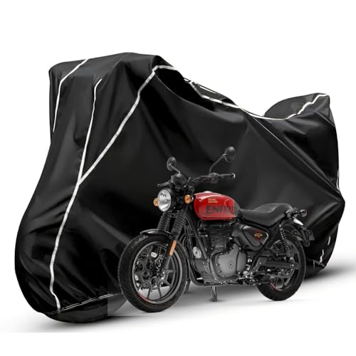 Image of Waterproof Bike Body Cover Compatible with RE Hunter 350 Dustproof Scratchproof - Motorcycle Cover for Two Wheeler, Outdoor Full Cover with UV, Duty, Rain Protection (Black & White) R1