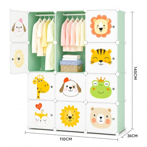 Image of Little Olive Plastic Wardrobe with Height Chart | Animal Print Design for Kids Toys and Clothes | Green Matte Modular Storage Cabinet (110Cm X 36Cm X 145Cm)