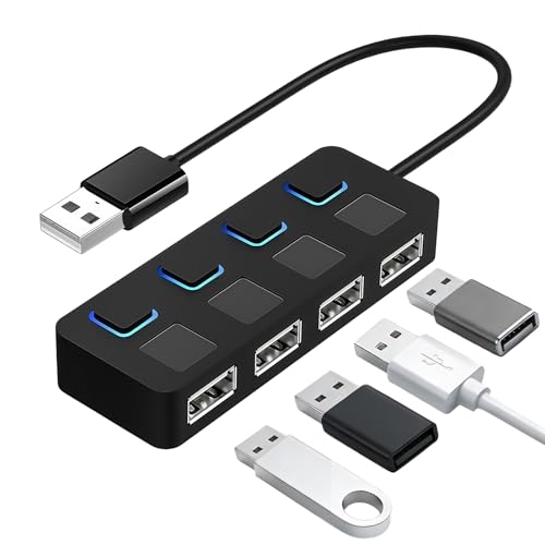 Hub USB 2.0 Multipuerto con 4 Puertos y Cables Integrados, Hub USB 4 Puertos con Interruptores y LED, Adaptador Ladron Multipuertos, 480 Mbps Alta Velocidad, para PS5 MacBook iMac XPS Laptop PC