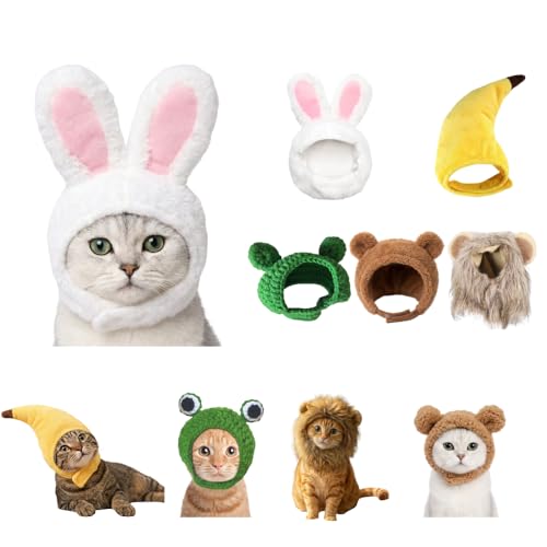 5 Pcs Cat Costume Hats - Banana Frog Lion Bunny Brown Bear Headwear for Cats, Kitten Puppy Party Easter Costume Accessory Headwear(Adjustable Breathable Design)