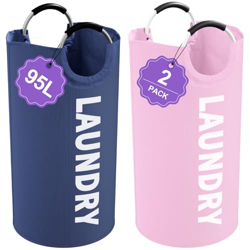 Image of 2Pcs Folding Laundry Basket for Adult, 95L Portable Laundry Baskets with Aluminum Handles, Multi-functional Dirty Clothes Hampers for Bedroom, Travel, Navy Blue + Pink