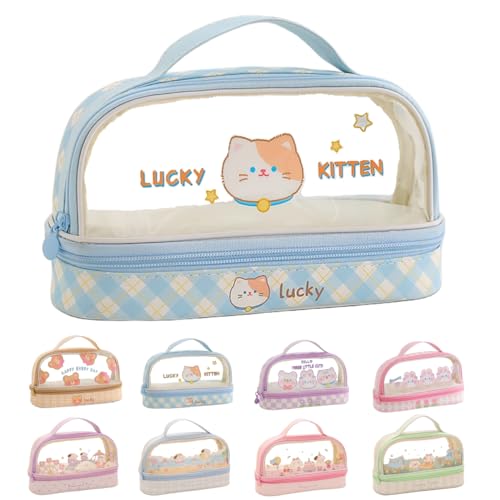 NIORYUZ Bolsa de lápis de coelho com alça coelho gatinho urso filhote estojo de caneta bolsa cosmética transparente à prova d'água, Azul gatinho