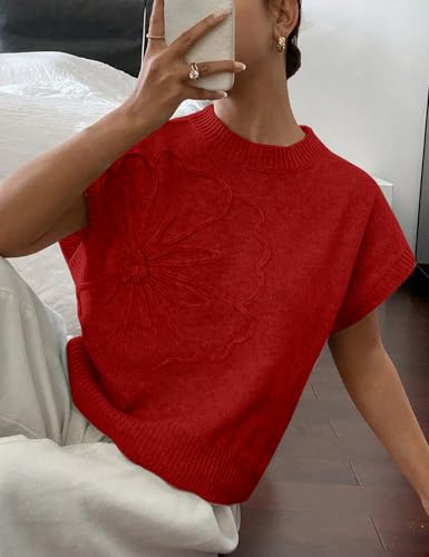 Image of 2026 Womens Floral Sweater Vest Cute Cap Sleeve Tops 3D Flower Decor Knit Tank Top Loose Spring Fall Summer Clothes