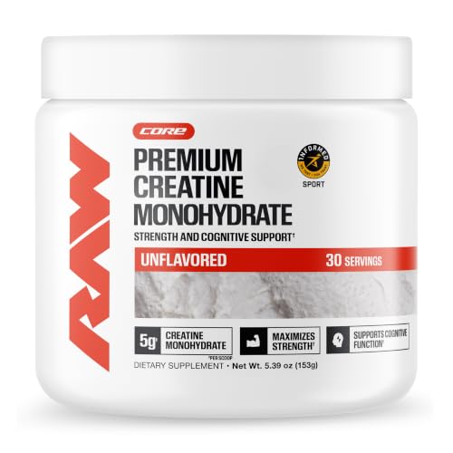 RAW Nutrition Creatine Monohydrate Powder, Unflavored (30 Servings) - Micronized Creatine...