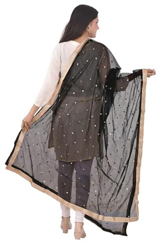 Image of YOUTHQUAKE Women's Net Embroidered Full Size Dupatta With 4 Side Golden Lace