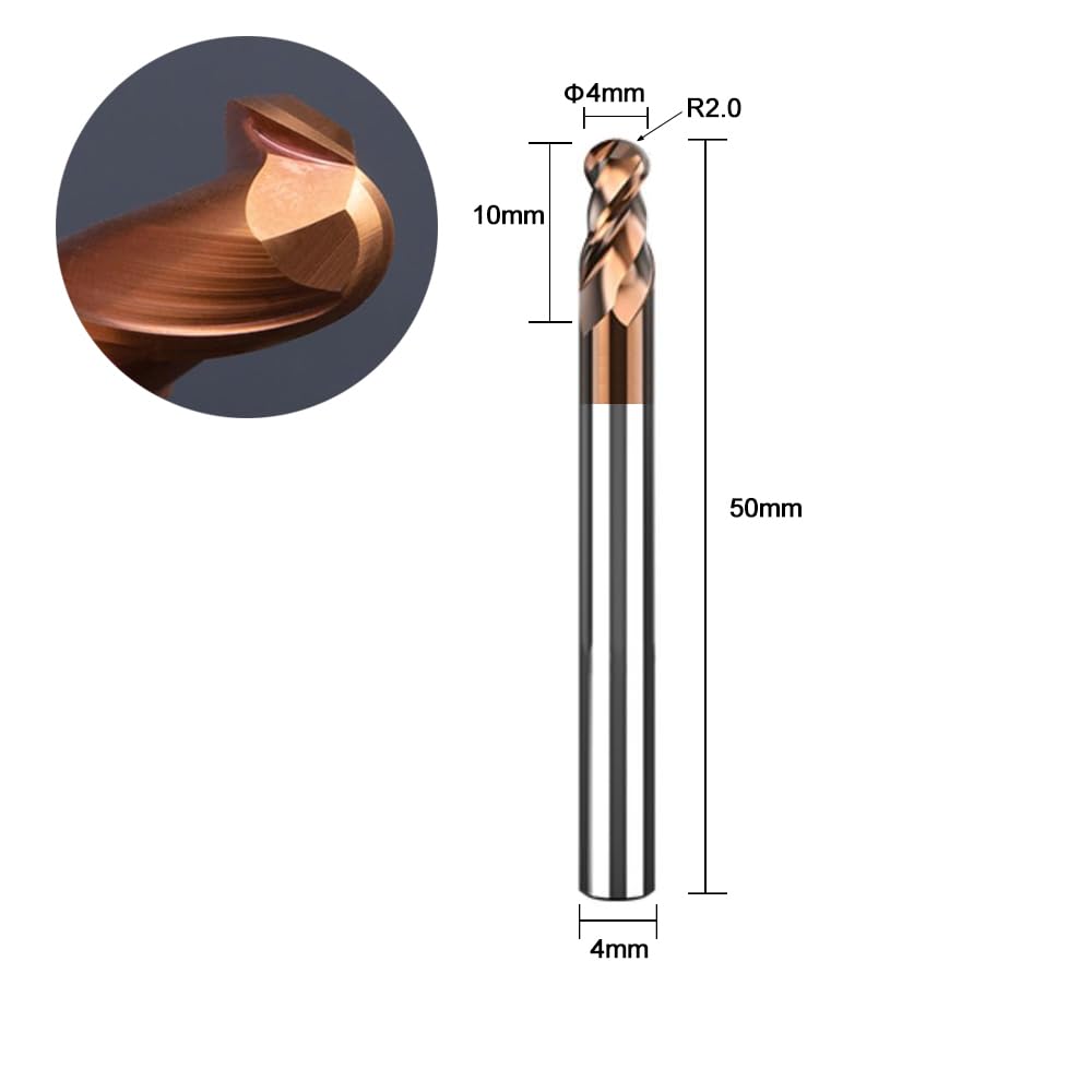 ASNOMY Lot de 2 fraises à tête sphérique VHM - Diamètre : 4 mm - Revêtement AlTiN HRC 55 - Fraises à tête sphérique en carbure de tungstène - Fraise à graver CNC à 2 dents - Pour métal
