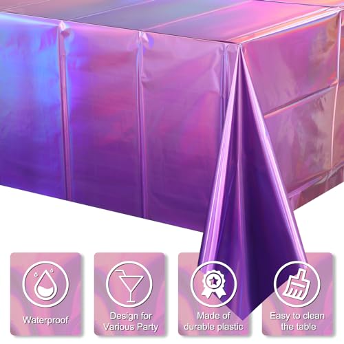 Image of 3 Pack Ombre Iridescent Pink and Purple Plastic Tablecloths, Shiny Disposable Laser Rectangle Table Covers Holographic Foil Tablecloth Iridescent Party Decoration Birthday Bridal Wedding, 54x108 Inch