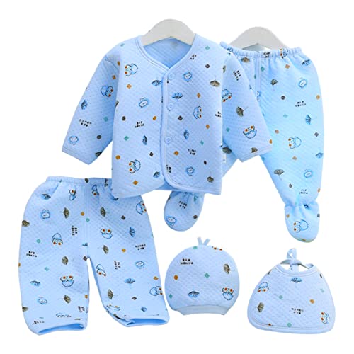 Image of GURU KRIPA BABY PRODUCTS New Born Baby Winter Wear Keep warm Cartoon Printing Baby Clothes Cotton Baby Boys Girls Unisex Baby Fleece /Falalen Suit Infant Clothes 5 Pcs Sets Sky Blue For 0-3 Months