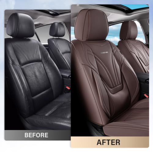 Image of Coverado Car Seat Covers Full Set, 5 Piece Car Seat Protector with Lumbar Support & Removable Headrest, Breathable Leather Front Rear Seat Cushion Universal Fit for Truck Automotive Brown