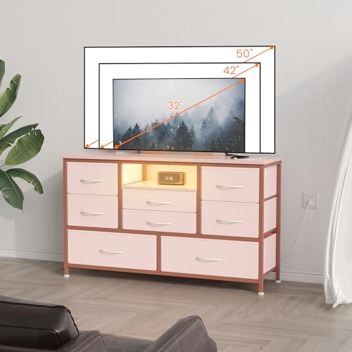 Jojoka 8-Drawer LED Dresser TV Stand with Power Outlet for 55'' TV - Wide Storage Chest for Bedroom, Living Room & Entryway, Wood Top Console Table with 22 Light Modes