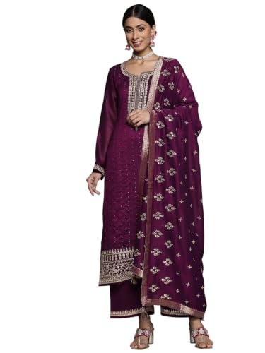 Image of Libas Solid Silk Blend Straight Kurta Set for Women Suit