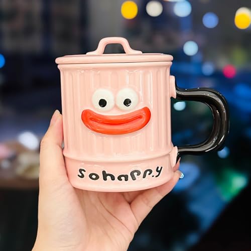 Jarsense Ceramic Coffee Mug with Handle and Lid, Cartoon Big Mouth Coffee Mug, 400ml Breakfast Oatmeal Mug - Image 3