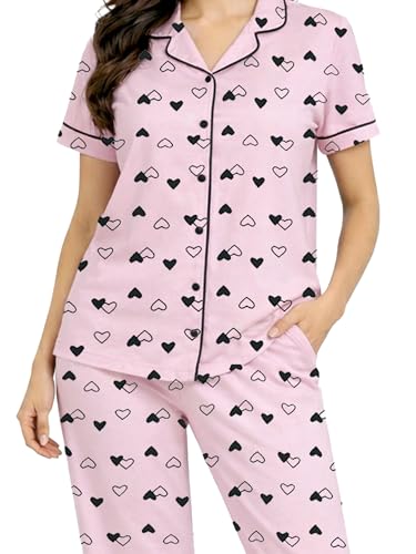 Image of Kuchipoo Women's 100% Cotton Nightwear Pajama Set | Printed Half Sleeve Button-Down Top & Full Length Pyjama | Soft Comfortable Sleepwear