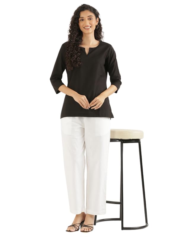 Image of SAADAA Airy Linen Split Neck Short Kurta for Women | Casual & Office Wear | 3 /4 Sleeves, Comfortable Fit | Elegant Top | Lightweight & Breathable Fabric |