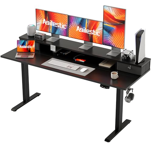 Image of Agilestic 63 x 24 Inches Electric Standing Desk with 2 Storage Drawers, Stand Up Desk Adjustable Height, Sit and Stand Computer Table with Splice Board, White